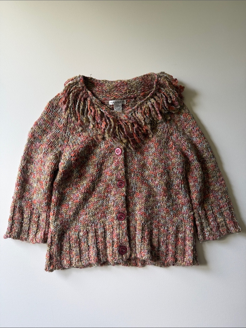 HANNAH Multicolor Knit Fringe Collar Cardigan - Wool Blend - L